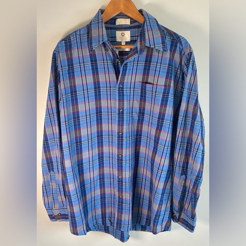 Vintage Viyella Mens Plaid Flannel Shirt Sz L Blue Gray Wool Blend Button-Up EUC